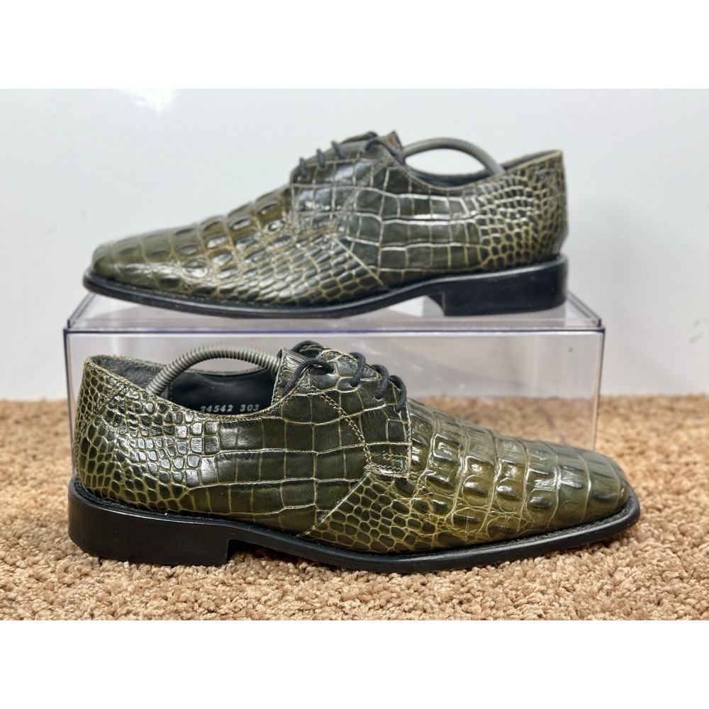 Stacy Adams Olive Green Crocodile Print Leather Square Toe Oxfords Men's 7M